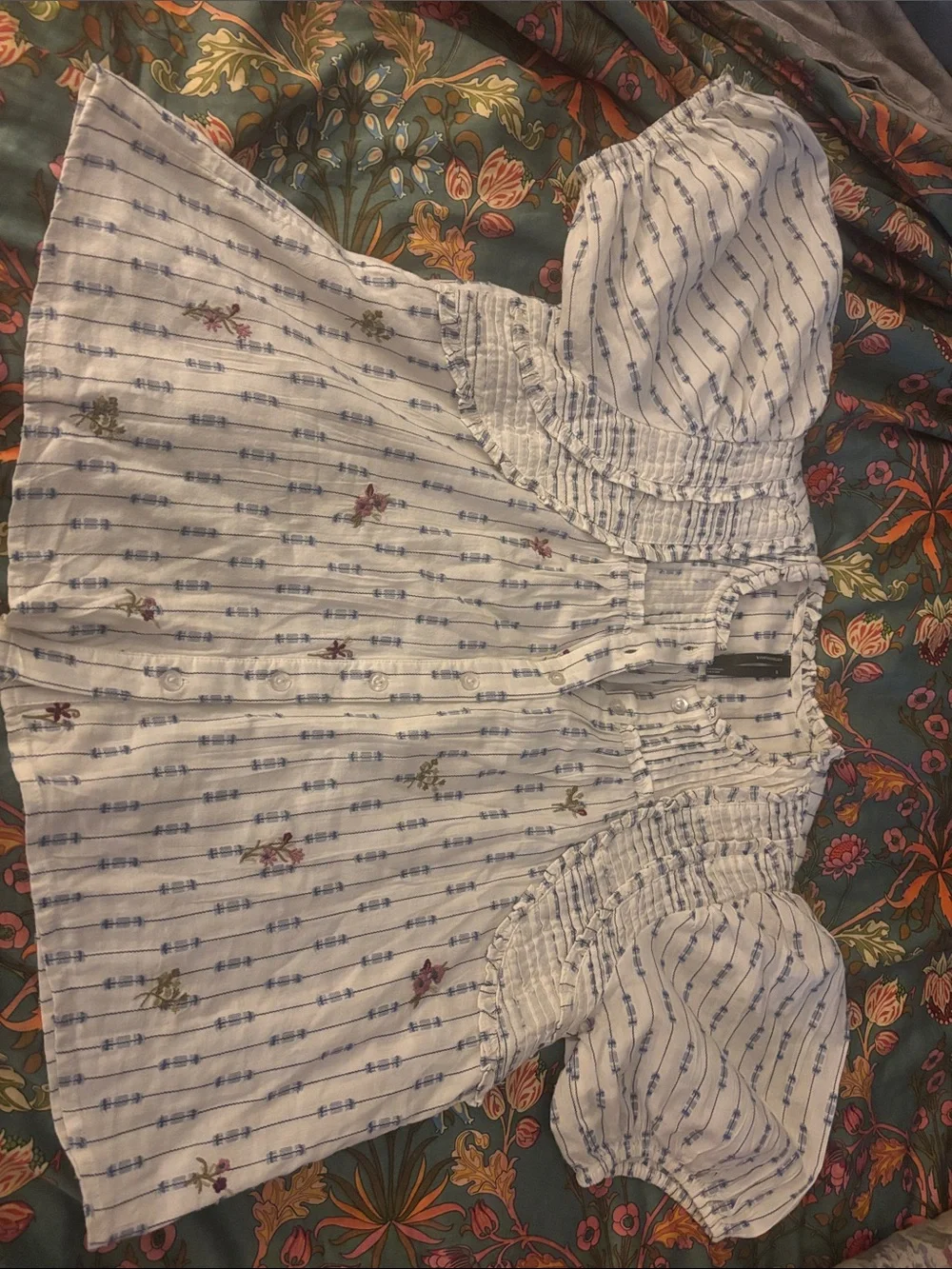 Anthropologie White top with Blue Stripe and Small Floral Embroidery